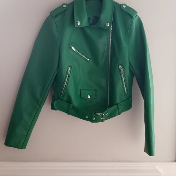 Faux Leather Cropped Moto Jacket Green Size L NWOT - Picture 15 of 16